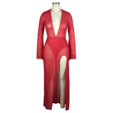 Red Sexy See Through Bronzing Sequins Mesh Split Long Dress with Panties