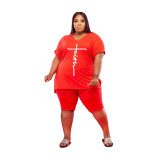 Fashion Red Printed Letter Slit Women's V-neck Plus Size L-5XL Casual Set