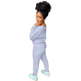 Grey Women's Solid Color Long Sleeve Two Piece Sets