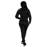 Casual Black Knitted Printed Letter Long Sleeve Sports Hoodie Pants Set with Pocket