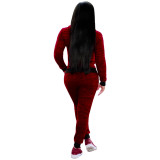 Casual Wine Red Knitted Printed Letter Long Sleeve Sports Hoodie Pants Set with Pocket