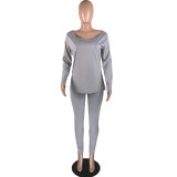 Grey Women's Solid Color Long Sleeve Two Piece Sets