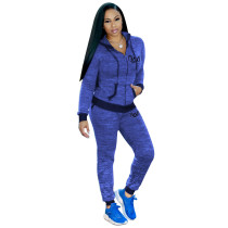 Casual Blue Knitted Printed Letter Long Sleeve Sports Hoodie Pants Set with Pocket