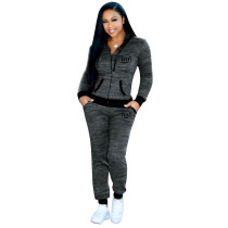 Casual Grey Knitted Printed Letter Long Sleeve Sports Hoodie Pants Set with Pocket