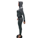 Casual Grey Knitted Printed Letter Long Sleeve Sports Hoodie Pants Set with Pocket