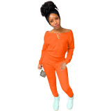 Orange Women's Solid Color Long Sleeve Two Piece Sets