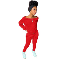 Red Women's Solid Color Long Sleeve Two Piece Sets