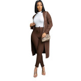 Solid Color Brown Hot Deals Female Pit Cardigan Drawstring Trousers Set