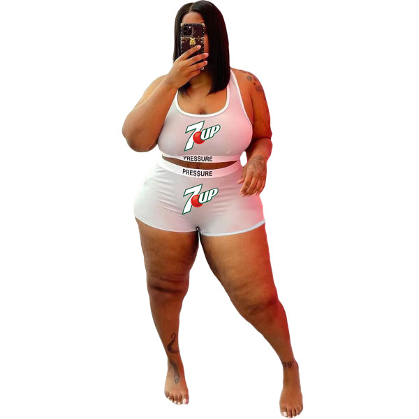 Plus Size White Fashion Sexy Printed Letter Sports Vest and Shorts Two Piece