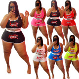 Pink Plus Size Fashion Sexy Printed Letter Sports Two Piece Vest and Shorts