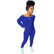 Blue Women's Solid Color Long Sleeve Two Piece Sets