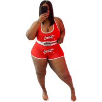 Red Plus Size Fashion Sexy Printed Letter Sports Two Piece Vest and Shorts