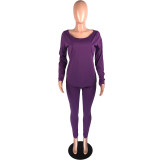 Purple Women's Solid Color Long Sleeve Two Piece Sets