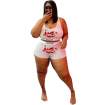 White Plus Size Fashion Sexy Printed Letter Sports Two Piece Vest and Shorts