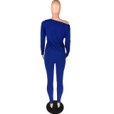 Blue Women's Solid Color Long Sleeve Two Piece Sets