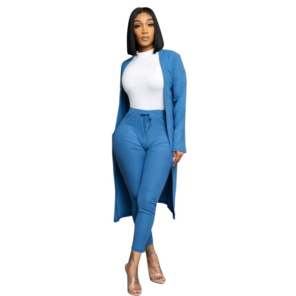 Solid Color Blue Hot Deals Female Pit Cardigan Drawstring Trousers Set