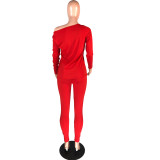 Red Women's Solid Color Long Sleeve Two Piece Sets