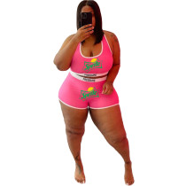 Pink Plus Size Fat Women Casual Printed Letter Sports Vest Shorts Two Piece Set
