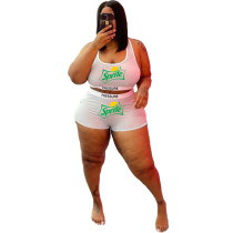 White Plus Size Fat Women Casual Printed Letter Sports Vest Shorts Two Piece Set