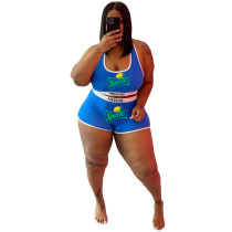 Blue Plus Size Fat Women Casual Printed Letter Sports Vest Shorts Two Piece Set