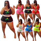 Black Plus Size Fat Women Casual Printed Letter Sports Vest Shorts Two Piece Set
