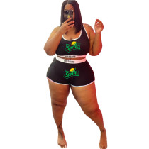 Black Plus Size Fat Women Casual Printed Letter Sports Vest Shorts Two Piece Set