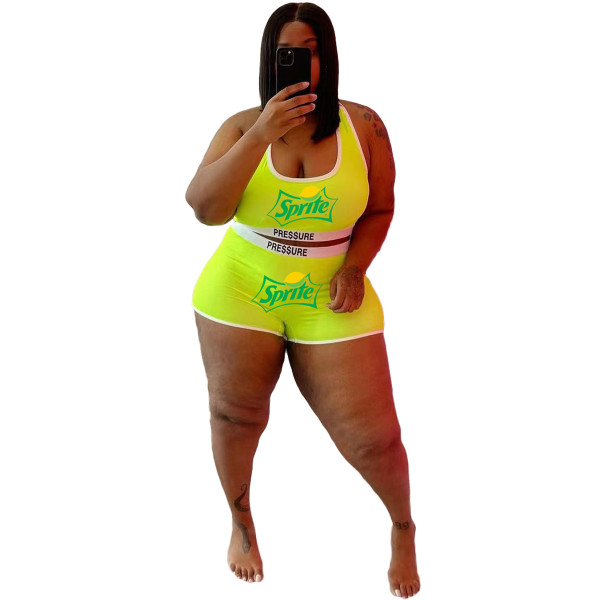 Green Plus Size Fat Women Casual Printed Letter Sports Vest Shorts Two Piece Set