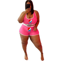 Pink Plus Size Fashion Printed Letter Sports Two Piece Vest Shorts Set