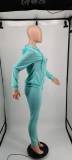 Women Aqua Two Piece Casual Twill Printed Sports Sweatshirt Hooded Pant Set with Pocket