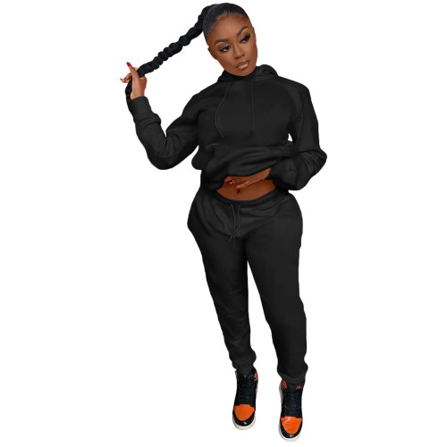 Black Casual Cotton Blend Solid Sports Hoodie Pant Set for Women Autumn Winter