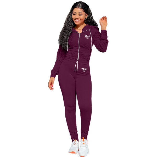 Fuchsia Casual Solid Color Printed Letter Hoodie Pant Set