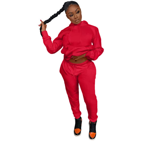 Red Casual Cotton Blend Solid Sports Hoodie Pant Set for Women Autumn Winter