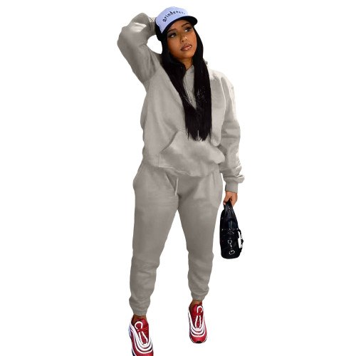 Grey Casual Cotton Blend Solid Sports Hoodie Pant Set for Women Autumn Winter