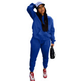 Blue Casual Cotton Blend Solid Sports Hoodie Pant Set for Women Autumn Winter