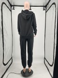 Black Casual Cotton Blend Solid Sports Hoodie Pant Set for Women Autumn Winter