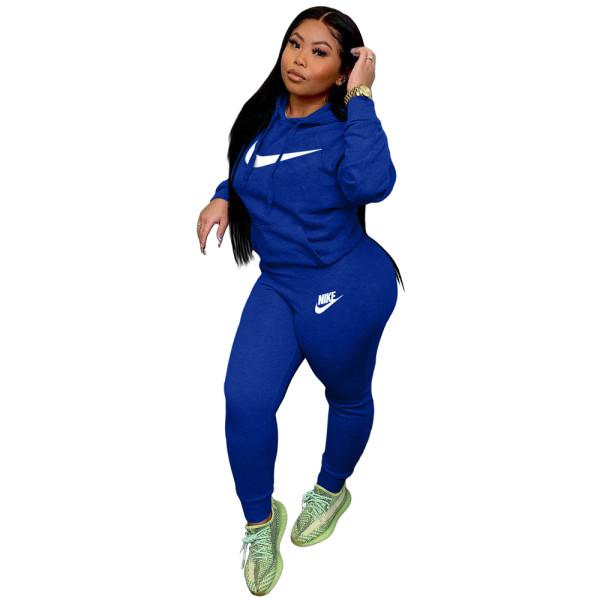 Autumn Winter Blue Casual Hooded Printed Letter Sports Sweatshirt Pant Set