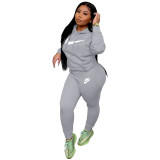 Autumn Winter Grey Casual Hooded Printed Letter Sports Sweatshirt Pant Set