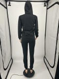 Autumn Winter Black Casual Hooded Printed Letter Sports Sweatshirt Pant Set