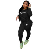 Autumn Winter Black Casual Hooded Printed Letter Sports Sweatshirt Pant Set