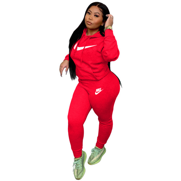 Autumn Winter Red Casual Hooded Printed Letter Sports Sweatshirt Pant Set