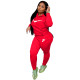 Autumn Winter Red Casual Hooded Printed Letter Sports Sweatshirt Pant Set