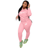 Autumn Winter Pink Casual Hooded Printed Letter Sports Sweatshirt Pant Set