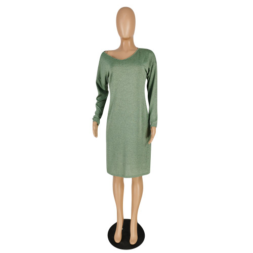 Solid Color Pale Green V Neck Long Sleeve Midi Dress