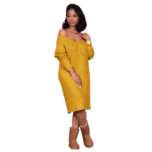 Solid Color Yellow V Neck Long Sleeve Midi Dress