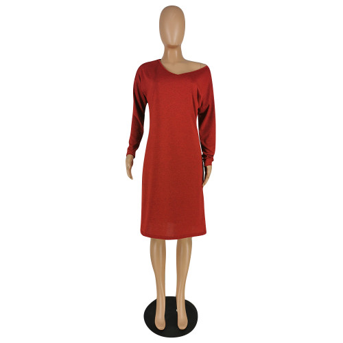 Solid Color Red V Neck Long Sleeve Midi Dress