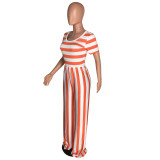 Orange Casual Women's Round Neck Striped Short Sleeve Wide Leg Jumpsuit