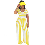 Yellow Casual Women's Round Neck Striped Short Sleeve Wide Leg Jumpsuit