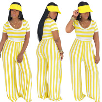 Yellow Casual Women's Round Neck Striped Short Sleeve Wide Leg Jumpsuit