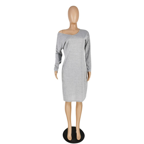 Solid Color Pale Grey V Neck Long Sleeve Midi Dress