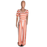 Orange Casual Women's Round Neck Striped Short Sleeve Wide Leg Jumpsuit